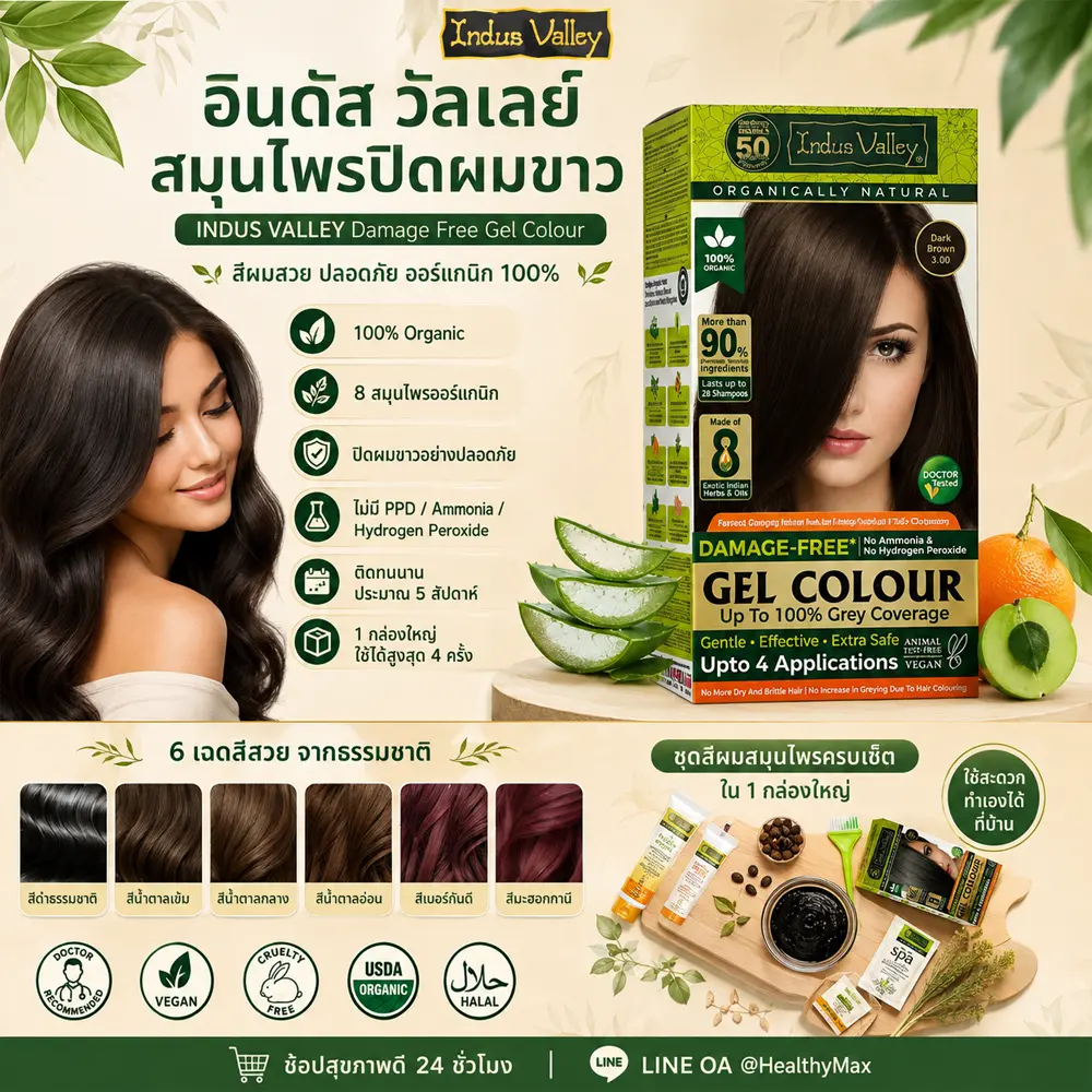 อินดัส วัลเลย์ สมุนไพรปิดผมขาว INDUS VALLEY Damage Free Gel Colour